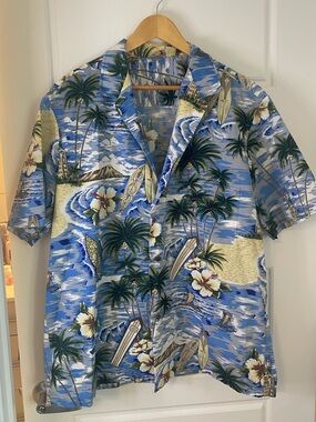 Vintage Royal Creation Blue Hawaiian Floral Short-Sleeve Button-Down Shirt